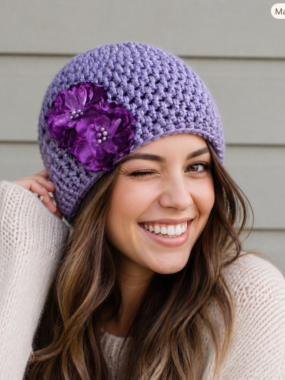 Crochet Lavender Beanie with Purple Flower Accents